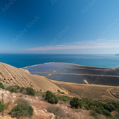 power plant a solar power plant standing stoically against the horizon  the azure hues of the ocean meet the endless blue sky 