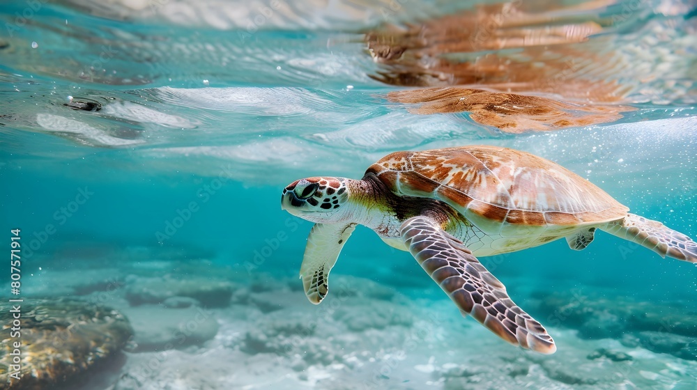 Fototapeta premium Turtle swimming in shallow ocean water