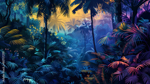 Vibrant forest scene of tropical trees  dense lush foliage pattern. Forest scene for eco-friendly background and sustainable net-zero emissions. Sustainable tropical forest and carbon neutrality.