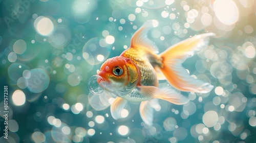 Fancy goldfish, swimming gracefully in a crystal clear water with bubbles.