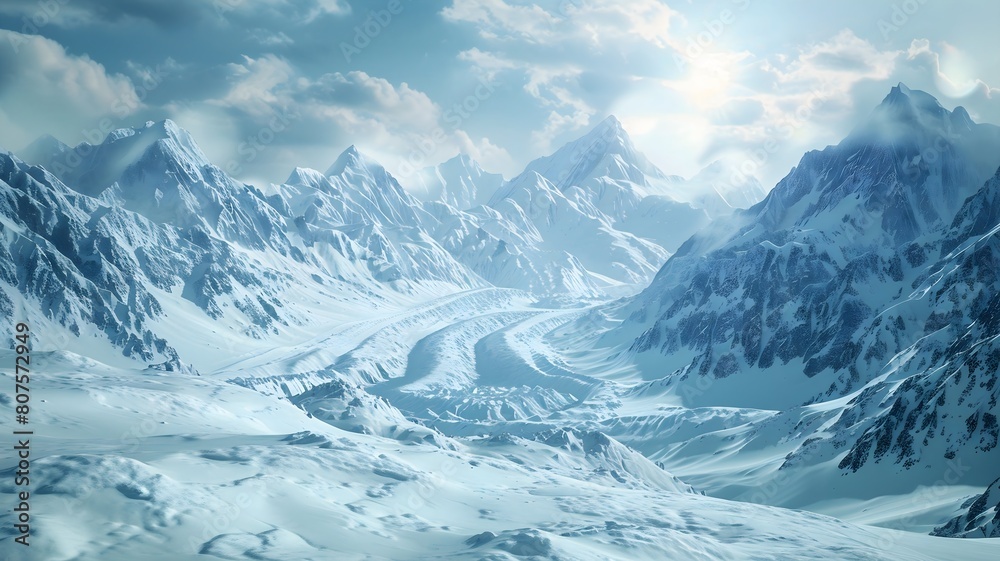  A panoramic view of a snow-covered mountain range stretching to the horizon, with icy glaciers glistening in the sunlight. . 
