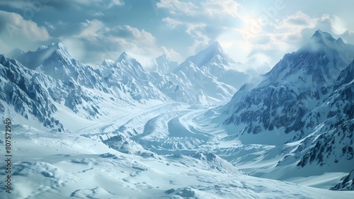  A panoramic view of a snow-covered mountain range stretching to the horizon  with icy glaciers glistening in the sunlight. .  