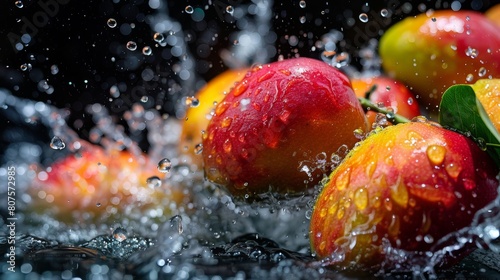 Red apples with water splash on black background. photo