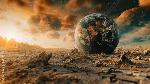 A symbolic image of a healthy planet Earth transforming into a barren wasteland photo