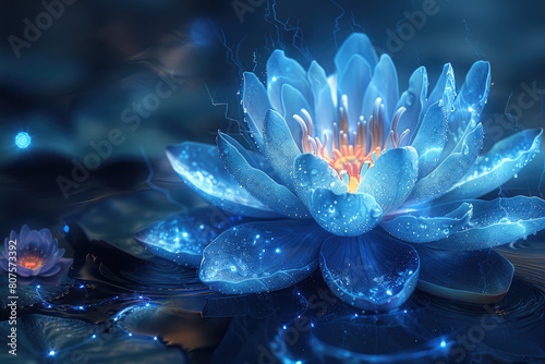 Beautiful glowing blue lotus flowers on water, fantasy background, glowing lights in the dark night sky. Created with Ai photo