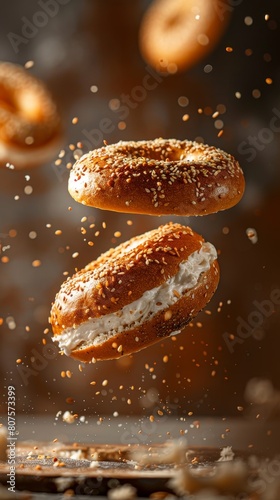 .The photo shows two halves of a toasted bagel with cream cheese in the middle