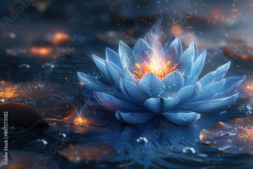 Beautiful blue lotus flower with dew drops on the petals, fantasy background. Created with AI