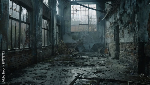 An abandoned factory building, its windows shattered and its walls covered in a layer of gritty, industrial dust photo