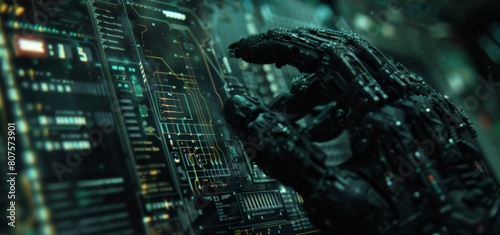 Capture a close-up shot of a futuristic technology merging with horror in a spine-chilling