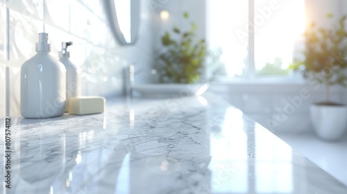 Detailed close-up of a white reflective marble countertop against a bright bathroom background, depicted in realistic digital art with high detail and 4K resolution photo