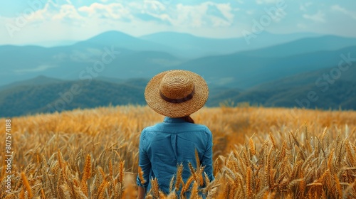 A contemplative soul meander through a sea of amber grains, her back to the camera, inviting us to join in her silent reverie photo