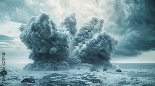 3D illustration of a thunderstorm impact, causing an explosion of dust and stones at sea.