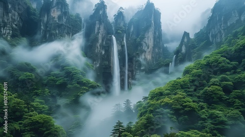 A scenery view with very big mountains. There are waterfall and fog among the mountains. Generative AI.