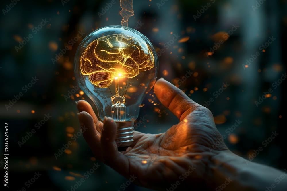 Glowing Brain Filament in Light Bulb on Dark Background Glowing Brain Filament in Light Bulb on Dark Background