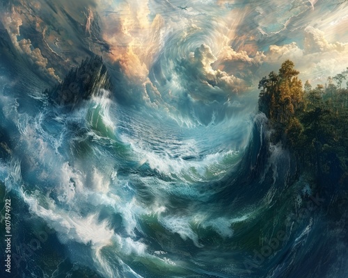 Immerse viewers in a realm where emotional turmoil manifests as swirling storms and towering waves clash with serene floating islands Explore hidden depths of the mind through 