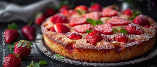 A shot of a strawberry cake swept with powdered sugar and set with fresh strawberries set over a setting  of gray concrete for a summers fruit feast and space  Generative AI.