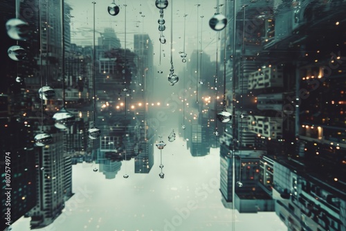 Raindrops falling upwards on a distorted cityscape, symbolizing a world turned upside down in a confused mind photo