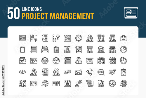 Set of 50 Project Management icons related to Project Plan, Gantt Chart, Task List, Timeline Line Icon collection