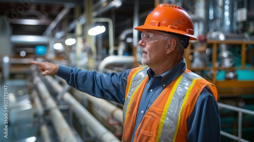 engineer conducting a safety and procedural training for workers at a wastewater treatment plant, emphasizing leadership and knowledge transfer. photo