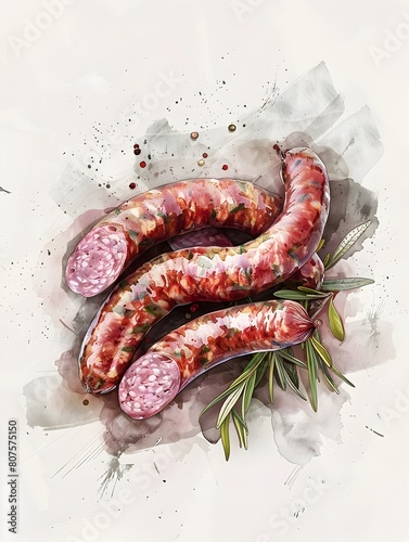 Delicate Denningvleis Sausages Illustrated in Watercolor Style Showcasing Exquisite Marbling and Earth Tone Spices photo
