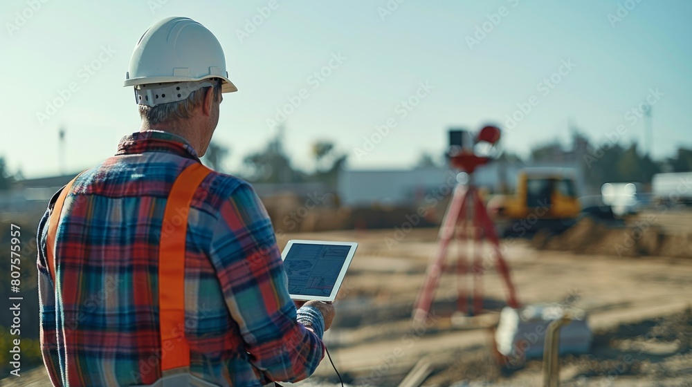 Engineer Using Technology for Site Assessment, engineer using a tablet or advanced surveying equipment on a construction site, focusing on how technology aids in precise planning and implementation.