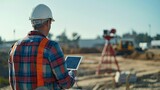 Engineer Using Technology for Site Assessment, engineer using a tablet or advanced surveying equipment on a construction site, focusing on how technology aids in precise planning and implementation.
