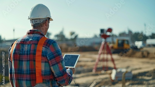 Engineer Using Technology for Site Assessment, engineer using a tablet or advanced surveying equipment on a construction site, focusing on how technology aids in precise planning and implementation. photo