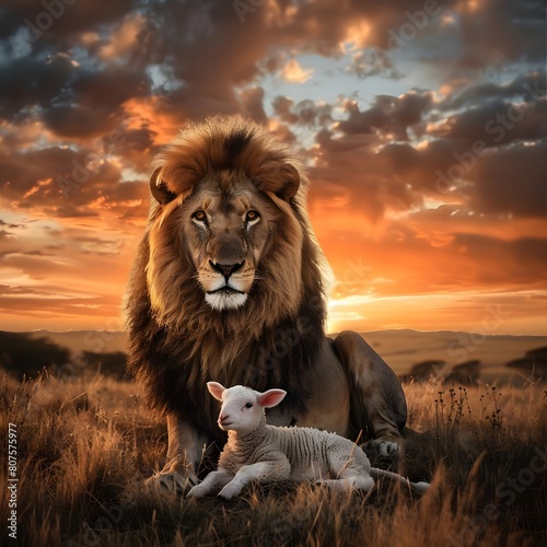 Vibrant sunset sky with a powerful lion and a gentle lamb living in harmony, symbolizing unity and coexistence.