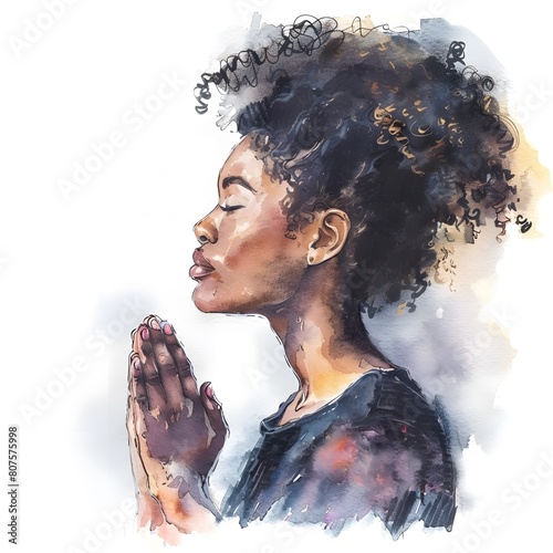 Profile illustration of a young African American woman praying, created with watercolor strokes on a white background, conveying serenity and devotion.