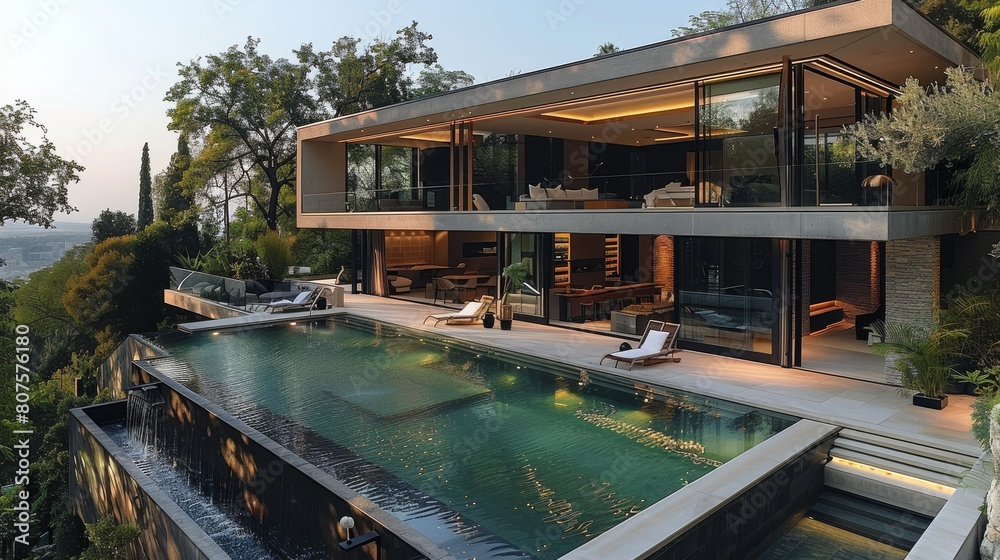 Luxurious estate features floor-to-ceiling glass and steel architecture, seamlessly integrating three infinity pools with panoramic views. Generative AI.