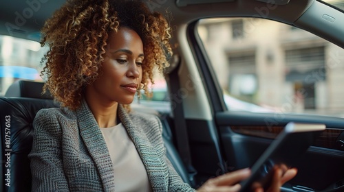 Executive woman reviewing documents on her tablet while seated in the backseat of a chauffeured car photo