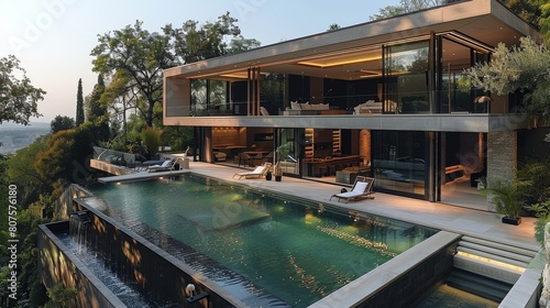 Wallpaper Mural Luxurious estate features floor-to-ceiling glass and steel architecture, seamlessly integrating three infinity pools with panoramic views. Generative AI. Torontodigital.ca