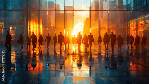 A large group of people walking in the city, with reflections on glass buildings at sunset. Created with Ai