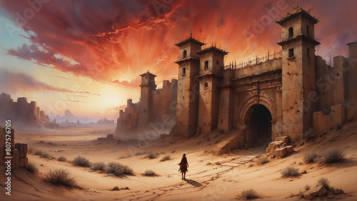 Female adventurer walking towards an ancient old desert fortress wall and gate, providing safe haven for the night with the setting sun at dusk coloring the clouds bright orange red hues.