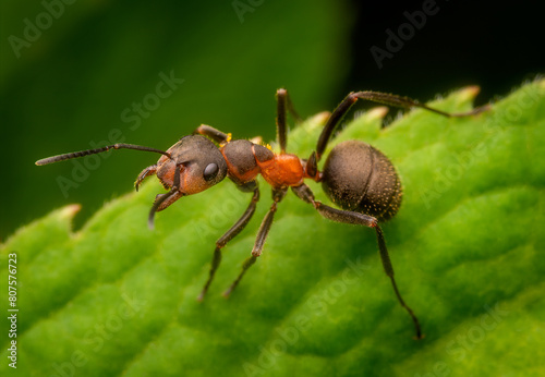 Macrophotography of a Wood Ant on a green leaf. Extremely close-up and details with natural background.