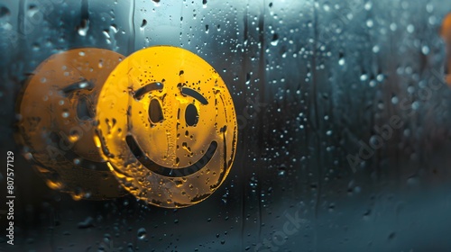 Sad upside down smiley hand drawn symbol on wet glass background