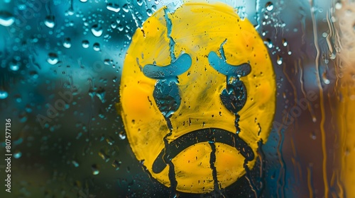 Sad upside down smiley hand drawn symbol on wet glass background