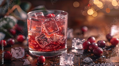 Frozen in Time - Create a scene with a glass of cranberry juice with ice cubes melting slowly, evoking a sense of paused time. photo