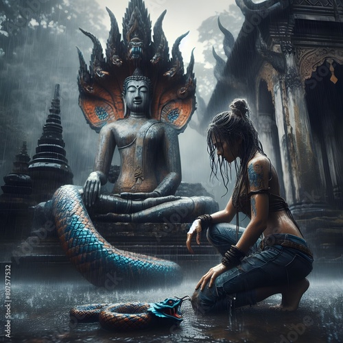 An old image of a Buddha in a meditation posture with traditional Thai characteristics, white skin, and a distinctive and striking figure. Gives the feeling of a heavy rain atmosphere. There were wome photo