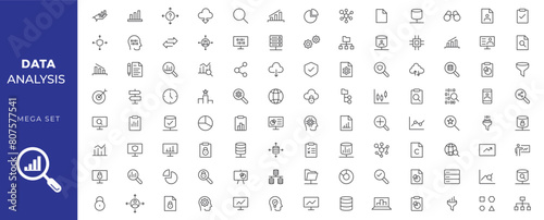 Data analysis thin line icon mega set. Data processing outline pictograms for website and mobile app GUI. Digital analytics simple UI, UX vector icons