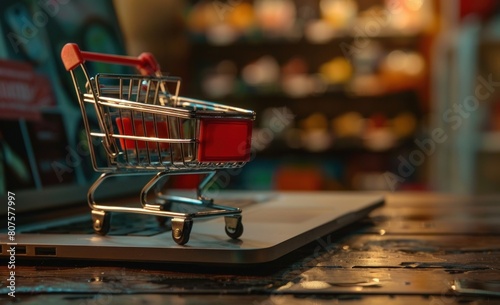 A miniature shopping cart next to an open laptop on a table. photo