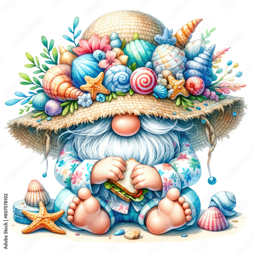 A cute cartoon gnome wearing a straw hat decorated with seashells and flowers is sitting on the beach eating a sandwich.