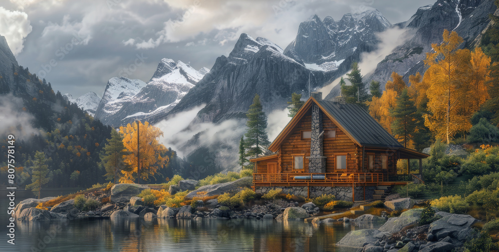 Fototapeta premium Cozy cabin, wooden cabin surrounded by mountains. Generative AI.