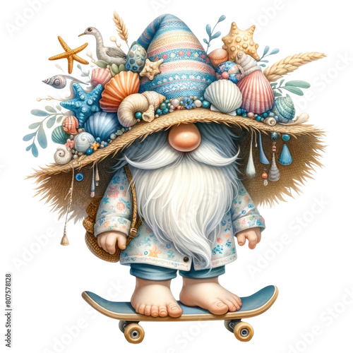 A summer gnome wearing a hat decorated with seashells and starfish rides a skateboard. The background is transparent.