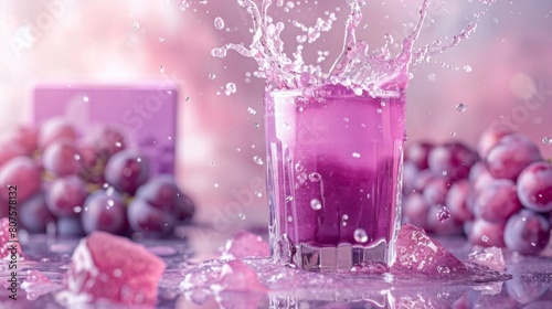 Grape juice pouring into a crystal clear glass  creating a dynamic purple splash  with a plain purple juice box in the background