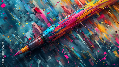 a stylized handwritten pen with colors and shapes, in the style of futuristic realism, luminous 3d objects, vibrant color usage, sharp & vivid colors, pattern explosion, detailed character illustratio photo