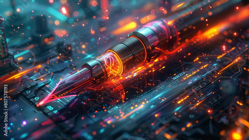 a stylized handwritten pen with colors and shapes, in the style of futuristic realism, luminous 3d objects, vibrant color usage, sharp & vivid colors, pattern explosion, detailed character illustratio