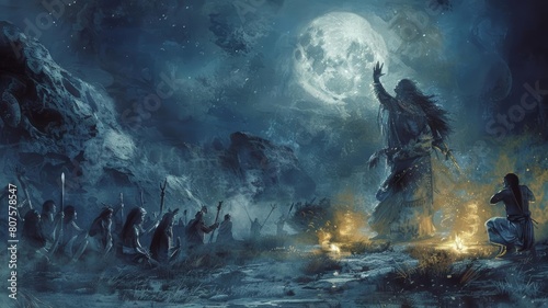 Mystical sketch of a shaman performing a ritual dance to invoke blessings for a hunt, surrounded by tribal members under a moonlit night