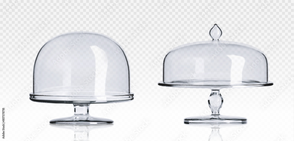 Glass cake stand plate and dome cover. Realistic 3d vector illustration set of plastic transparent tray for sweet dessert food safe display and storage. Empty glassware showcase platter and cloche. Glass cake stand plate and dome cover. Realistic 3d vector illustration set of plastic transparent tray for sweet dessert food safe display and storage. Empty glassware showcase platter and cloche.
