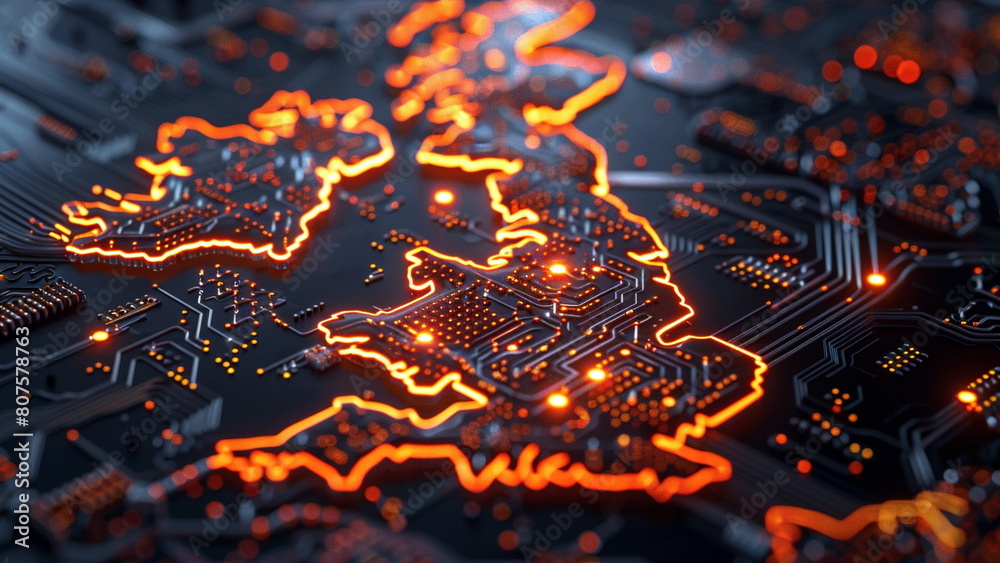 Glowing circuits in United Kingdom map shape Glowing circuits in United Kingdom map shape